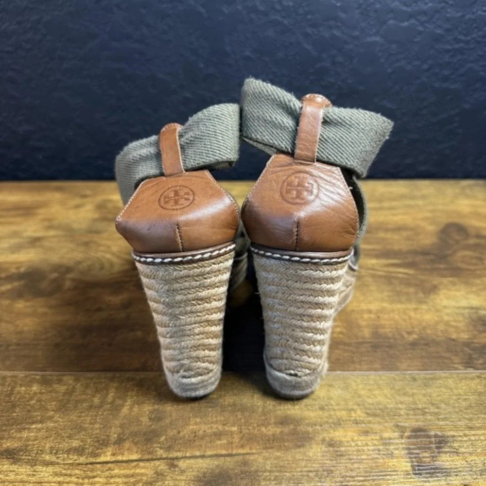 Tory Burch Canvas Espadrille Wedge Olive Green‎ Canvas Sandals Womens 6.5